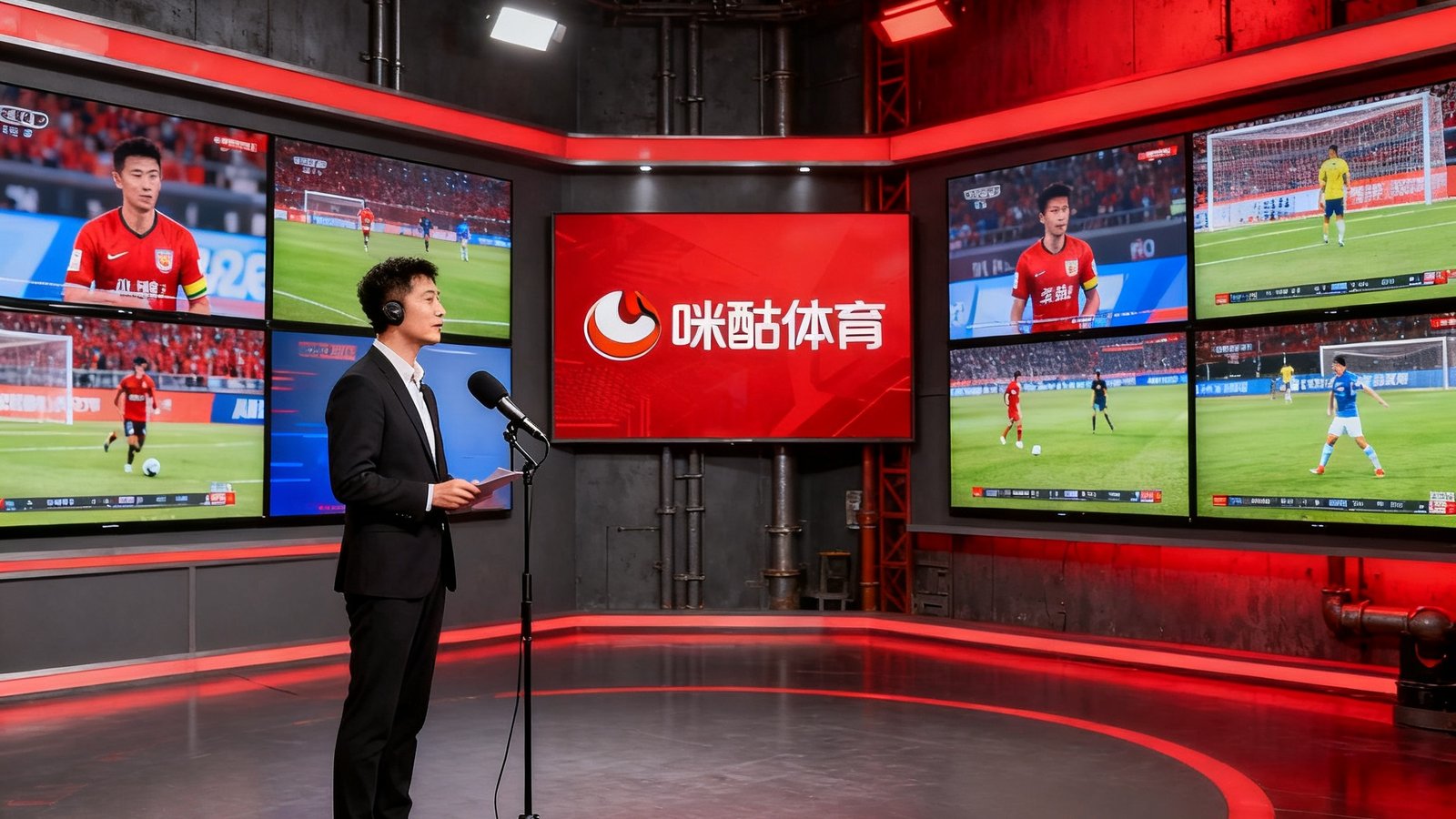 咪咕体育现代化直播演播大厅全景，多块高清屏幕同时播放不同赛事画面，专业解说员正在麦克风前进行赛事解说，红色与深灰的工业风装修风格充满科技感